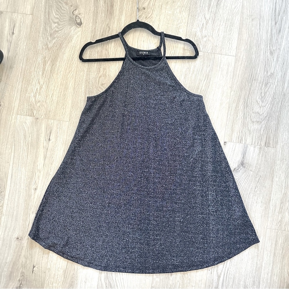 Storia Silver Metallic Babydoll Mini Dress Sparkly Party Cocktail Holiday Dress